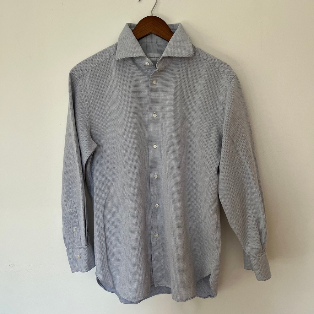 Ermenegildo Zegna Mens Light Blue Micro Pattern Dress Shirt 42 16.5 Italy